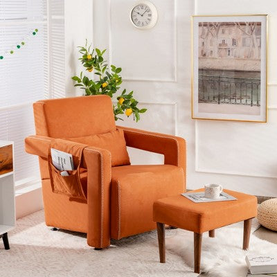 Costway Modern Berber Fleece Single Sofa Chair w/ Ottoman & Waist Pillow Red\Blue\Black\Green\Orange