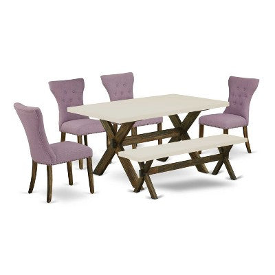 HomeStock 6-Piece Rectangle Distressed Jacobean Finish Solid Wood Top Dining Table with 1-Bench, 4-Chairs