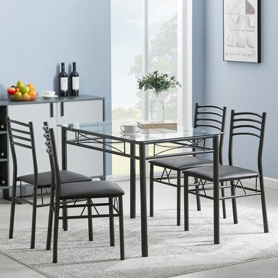 VECELO 5 Piece Dining Table Set with Glass Top Table & 4 Upholstered Chairs, Kitchen Rectangular Table Set Brown/Black