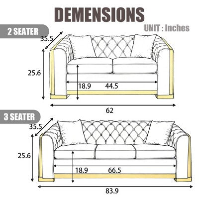 GDFStudio Tom 2 Piece Mid-Century Modern Chesterfield Velvet Upholstered 5-Seater Sofa Set with 4 Pillows