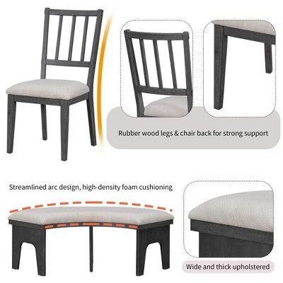 5-piece Rustic Charm Round Dining Set with 3 Upholstered Chairs and Curved Bench for Dining Room, Kitchen and Living room-ModernLuxe