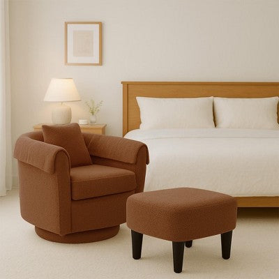 Swivel Accent Chair with Ottoman Set, Modern Chenille Barrel Armchair with Back Pillow & 2 Armrest Covers for Living Room, Bedroom, Office