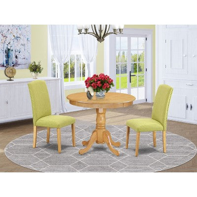 Round Dining Table Set - 36 Inch Table & 2 Chairs - Linen Fabric - Solid Wood Base