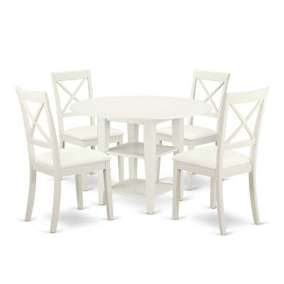 Antique Dinette Set 5 Piece Table & Chairs Linen White Faux Leather Seats Home Kitchen Furniture