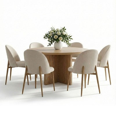 Japandi Round Dining Table Set For 6, Cross Base Pedestal Table With Upholstered Dining Chairs, Rustic Farmhouse 7-Piece Dining Set-Panipeachy