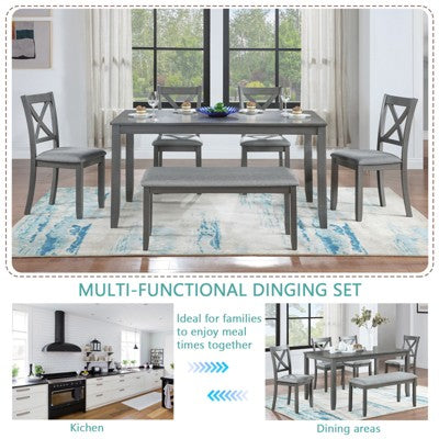 GDFStudio Callan Farmhouse Wood Upholstered 6 Piece Dining Set with Bench