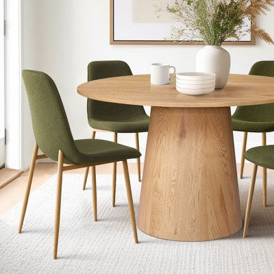 5-Piece Oak Round Dining Table Set, 46 Pedestal Table with 4 Upholstered Dining Chairs, Modern Dining Room Furniture-Panipeachy