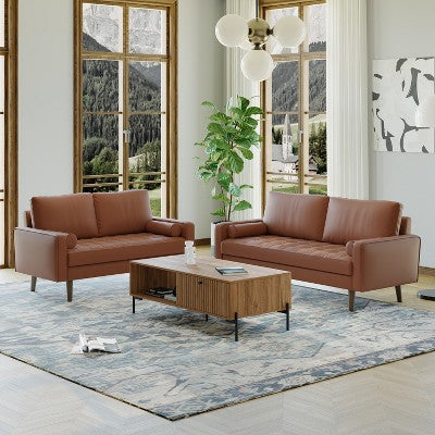 Luige 2 Piece Mid-Century Modern Square Arm Faux Leather Sofa and Loveseat Set - Tree City