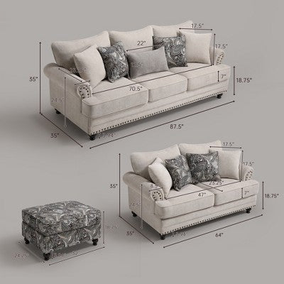 Piece Living Room Set, Modern Farmhouse Chenille Sofa and Loveseat with Nailhead Trim, Floral Accent Chair