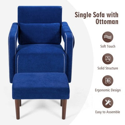 Costway Modern Berber Fleece Single Sofa Chair w/ Ottoman & Waist Pillow Red\Blue\Black\Green\Orange