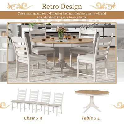 5-Piece Vintage Wood Extendable Dining Table Sets with 4 Upholstered Dining Chairs - ModernLuxe