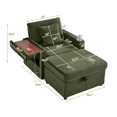 GDFStudio Tenley Modern Chenille Accent Chair with Storage Ottoman, Cup Holder and Convertible Armrest Table