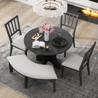 5-piece Rustic Charm Round Dining Set with 3 Upholstered Chairs and Curved Bench for Dining Room, Kitchen and Living room-ModernLuxe