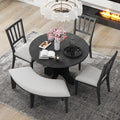5-piece Rustic Charm Round Dining Set with 3 Upholstered Chairs and Curved Bench for Dining Room, Kitchen and Living room-ModernLuxe