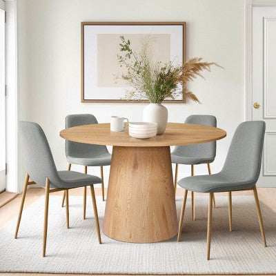 5-Piece Oak Round Dining Table Set, 46 Pedestal Table with 4 Upholstered Dining Chairs, Modern Dining Room Furniture-Panipeachy