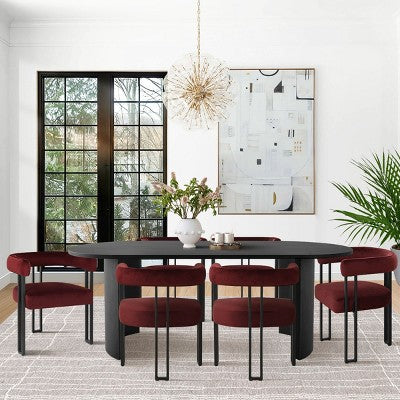 7-Piece Dining Table Set with Velvet Chairs, Modern Oval Black Table & Upholstered Armchairs with Metal Legs for Dining Room-Panipeachy