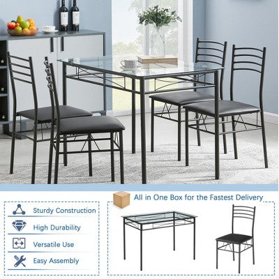 VECELO 5 Piece Dining Table Set with Glass Top Table & 4 Upholstered Chairs, Kitchen Rectangular Table Set Brown/Black