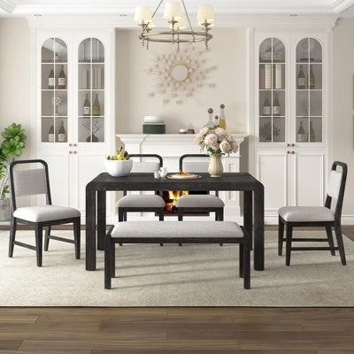 6-Piece Extendable Dining Set with 4 Upholstered Chairs & Bench, 60-72 Mid-Century Modern Kitchen Table with Curved Legs - ModernLuxe