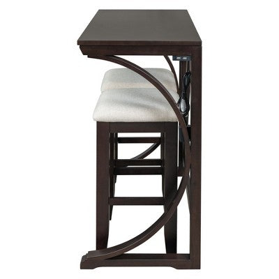 Farmhouse 3 Piece Counter Height Dining Table Set for 2, Wood Console Bar Table with USB Port and Upholstered Stools for Small Space