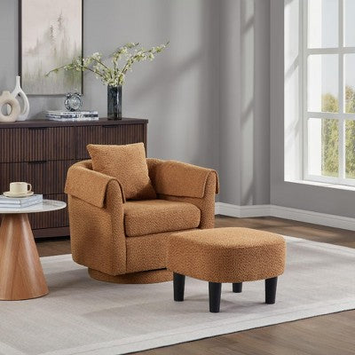 Swivel Accent Chair with Ottoman Set, Modern Chenille Barrel Armchair with Back Pillow & 2 Armrest Covers for Living Room, Bedroom, Office
