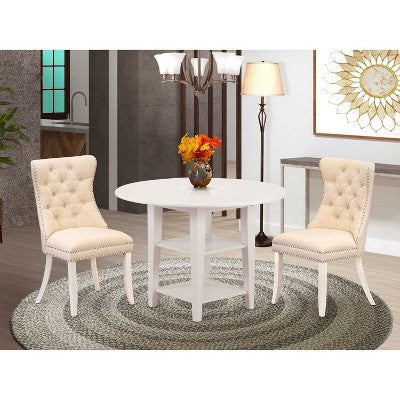 HomeStock 3-Pc Linen White Finish Round Solid Wood Top with Dropleaf Dining Table Set