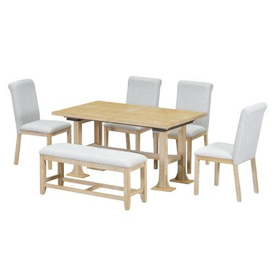 6 Pieces Dining Table Set with Bench for 6, Kitchen Table Set with Storage Drawer and 4 Upholstered Dining Chairs
