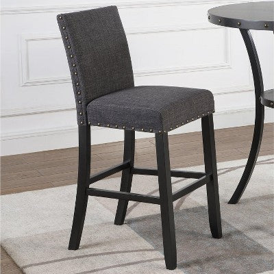 Biony 3-Piece 36 Round Espresso Finish Bar Table with 2 Gray Fabric Nail Head Pub Chairs