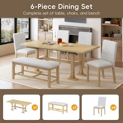 6 Pieces Dining Table Set with Bench for 6, Kitchen Table Set with Storage Drawer and 4 Upholstered Dining Chairs