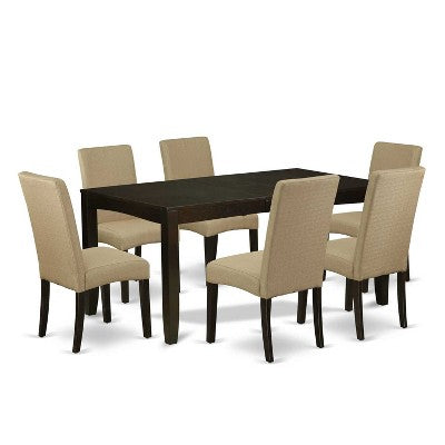 Baroque Beauty Dining Set - 6Pc Rectangular Table & Chairs - Cappuccino Finish - Linen Fabric - Brown