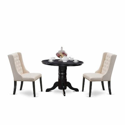 3-Piece Black Finish Solid Wood Top - Button Tufted Dining Room Set - Seats 4