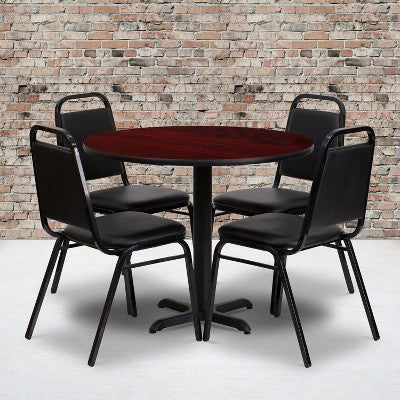 Emma and Oliver 36 Round Laminate X-Base Table Set with 4 Banquet Chairs
