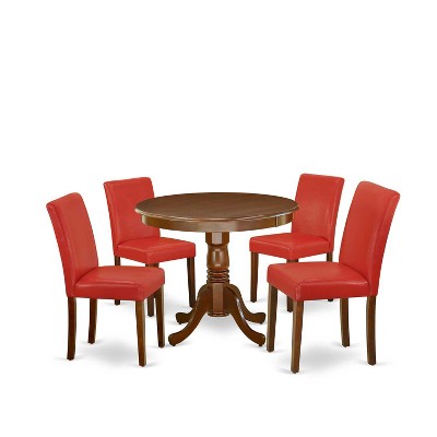 HomeStock 5-Pc Round Mahogany Finish Solid Wood Top Dining Table with 4 Parson Chair