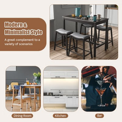 Costway 5PCS Bar Table Set Counter Height Table & Upholstered Saddle Stools Set for 4