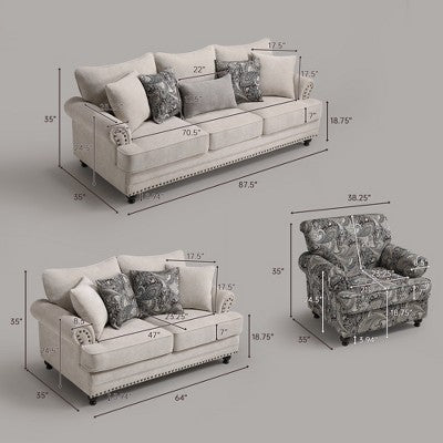 Piece Living Room Set, Modern Farmhouse Chenille Sofa and Loveseat with Nailhead Trim, Floral Accent Chair