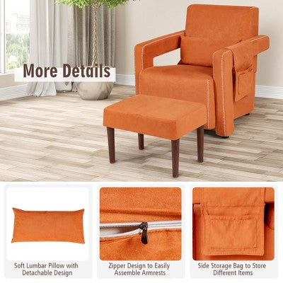 Costway Modern Berber Fleece Single Sofa Chair w/ Ottoman & Waist Pillow Red\Blue\Black\Green\Orange
