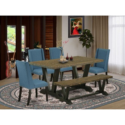 HomeStock 6-Piece Rectangle Distressed Jacobean Finish Solid Wood Top Dining Table with 1-Bench, 4-Chairs