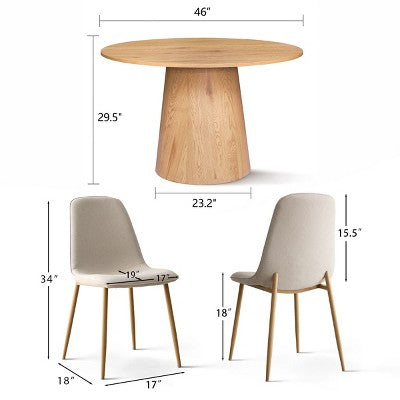5-Piece Oak Round Dining Table Set, 46 Pedestal Table with 4 Upholstered Dining Chairs, Modern Dining Room Furniture-Panipeachy