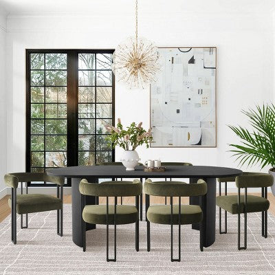 7-Piece Dining Table Set with Velvet Chairs, Modern Oval Black Table & Upholstered Armchairs with Metal Legs for Dining Room-Panipeachy