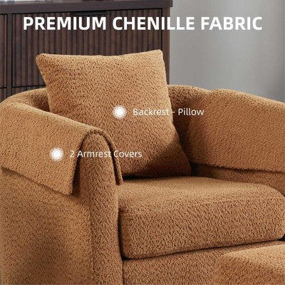 Swivel Accent Chair with Ottoman Set, Modern Chenille Barrel Armchair with Back Pillow & 2 Armrest Covers for Living Room, Bedroom, Office