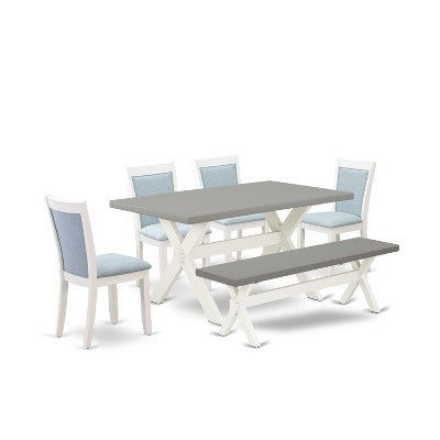 HomeStock 6-Piece Rectangle Wire Brushed Linen White Finish Solid Wood Top Dining Table with 1-Bench, 4-Chairs