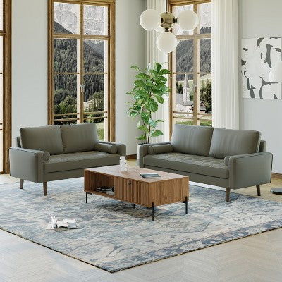 Luige 2 Piece Mid-Century Modern Square Arm Faux Leather Sofa and Loveseat Set - Tree City