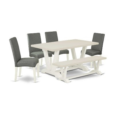 HomeStock 6-Pc Rectangle Natural Oak Finish Solid Wood Top Dining Table with 1-Bench, 4-Chairs