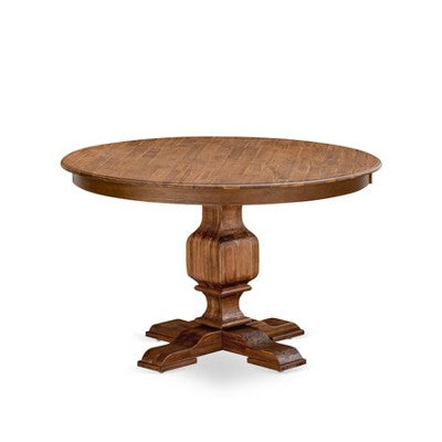 HomeStock Belmont 5-Piece Dinner Table Set - Pedestal Dining Table and 4 Light Tan Color Parson Dining Chairs with High Back - Antique Walnut Finish