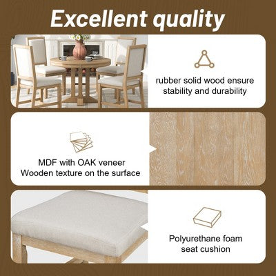 GDFStudio Salome 5 Piece Dining Set with Extendable Round Table and Upholstered Chairs
