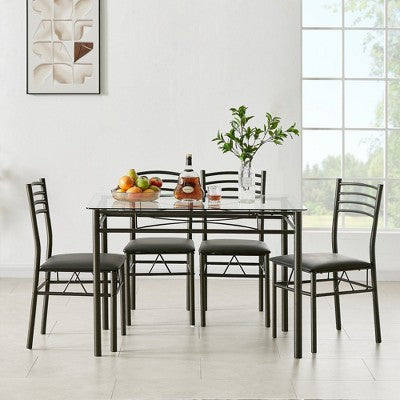 VECELO 5 Piece Dining Table Set with Glass Top Table & 4 Upholstered Chairs, Kitchen Rectangular Table Set Brown/Black