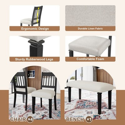 Farmhouse Dining Room Set for 6, 6 Pieces Wooden Rectangular Table and 4 Chairs with Bench for kitchen