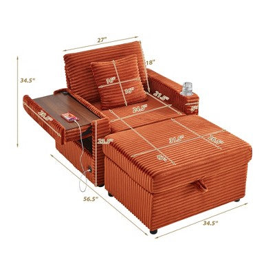 GDFStudio Tenley Modern Chenille Accent Chair with Storage Ottoman, Cup Holder and Convertible Armrest Table