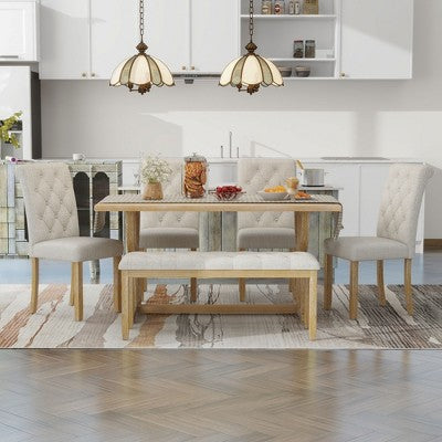 Farmhouse Dining Set for 4, Rectangular Kitchen Table Set with 4 Upholstered Chairs and Bench