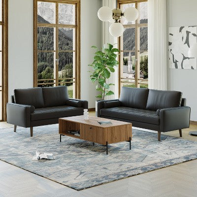 Luige 2 Piece Mid-Century Modern Square Arm Faux Leather Sofa and Loveseat Set - Tree City