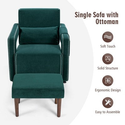 Costway Modern Berber Fleece Single Sofa Chair w/ Ottoman & Waist Pillow Red\Blue\Black\Green\Orange